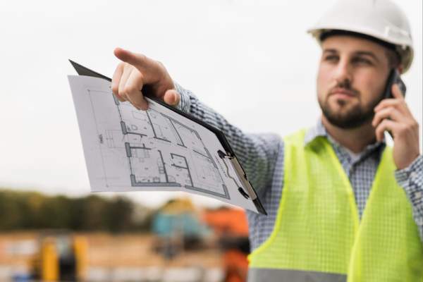 man doing land surveying holding a site plan while talking on the phone